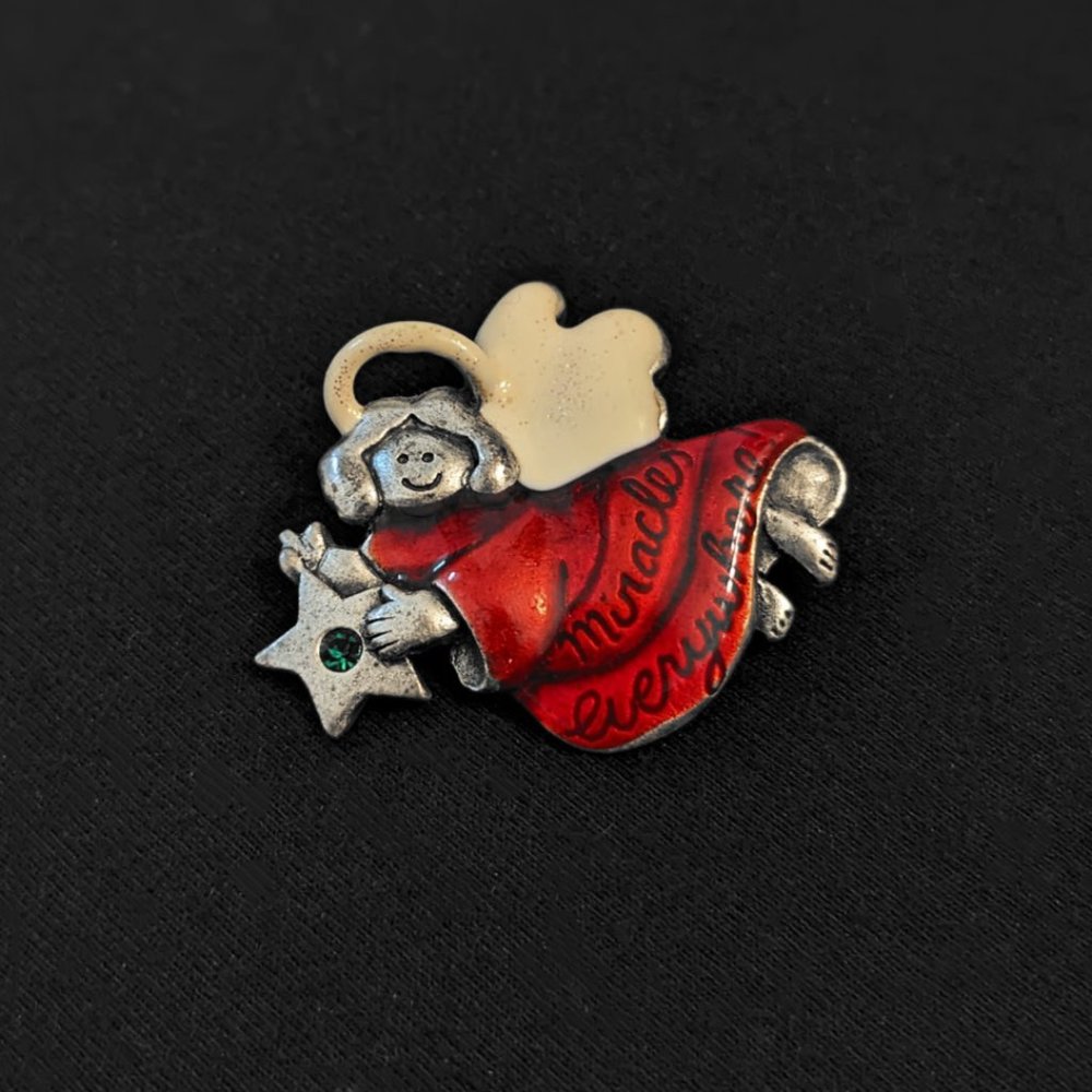 Vintage AJMC Silver Tone Red Cream Enamel Miracles Everywhere Angel Brooch Pin